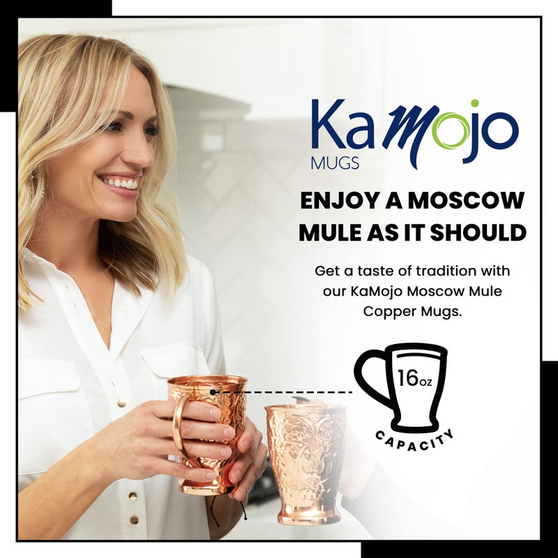 Kamojo Copper Cups Set of 2 with Unique Handcrafted Embossed Design with Anti-Tarnish Food-Grade Coating - Moscow Mule Copper Mugs Gift Set with 2 Straws & Recipe E-Book, 16 oz - Image 2